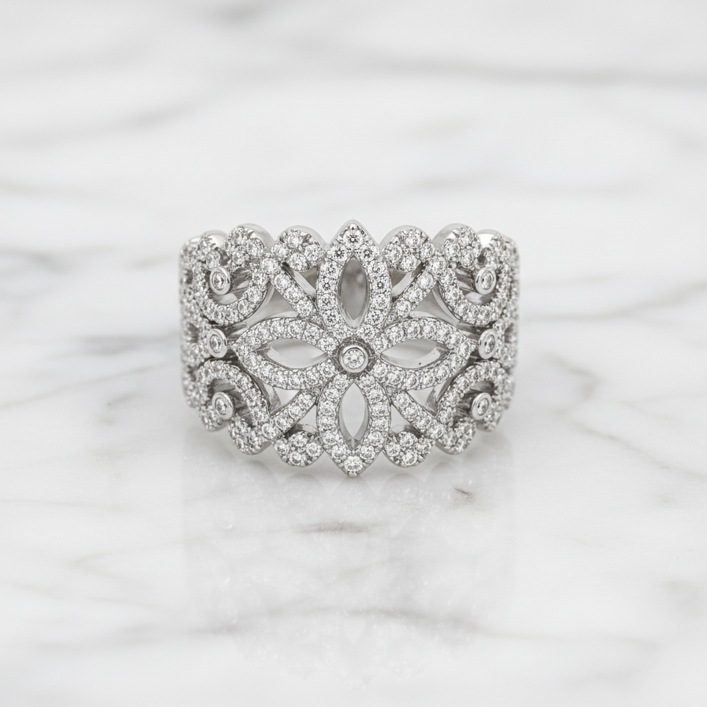14K White Gold Diamond Filigree Ring