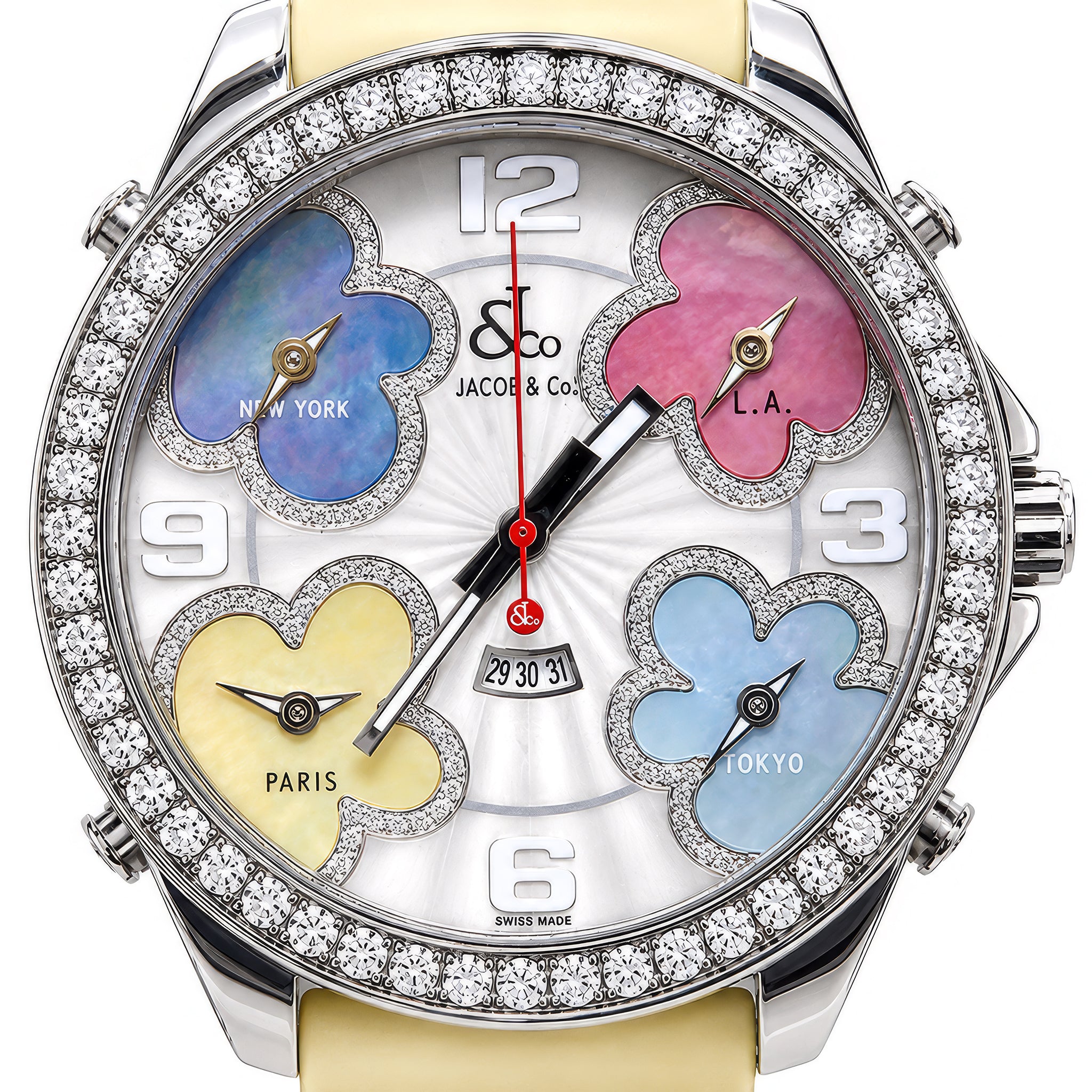 Jacon and Co 5 Time Zone Floral Watch With Original Factory Diamonds