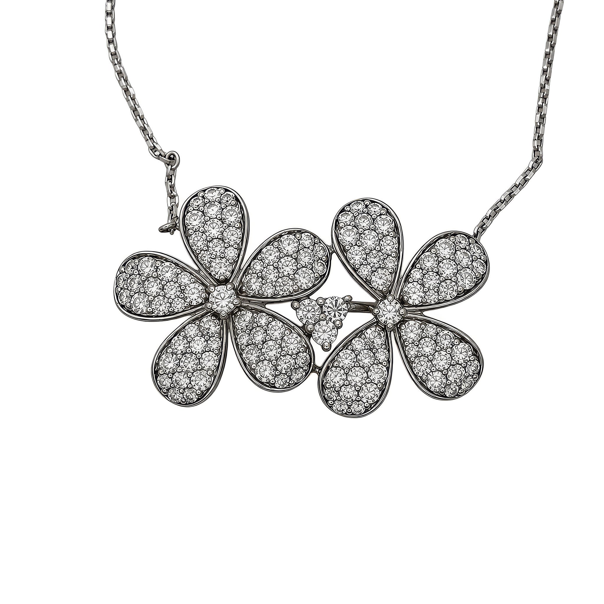18K White Gold Diamond Double Flower Necklace